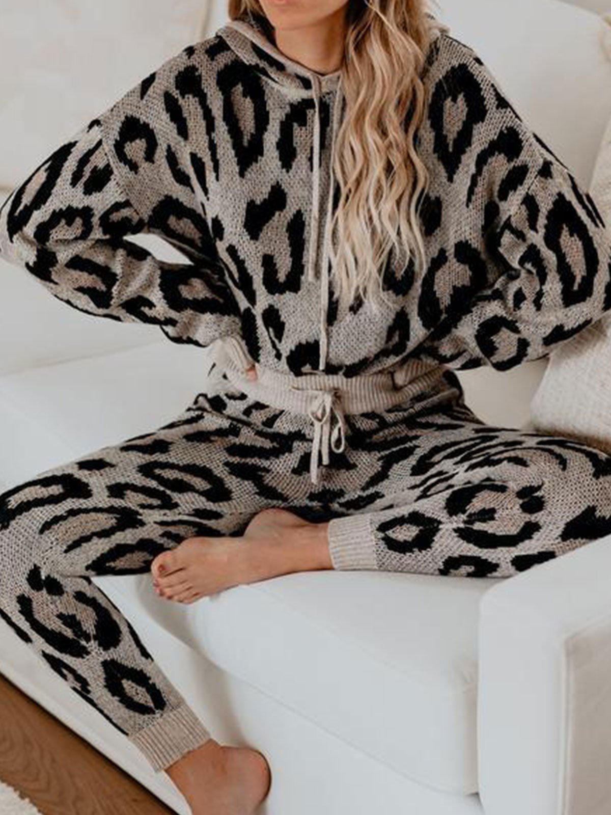 Black Casual Hooded Leopard Two Piece Outfits