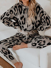 Black Casual Hooded Leopard Two Piece Outfits