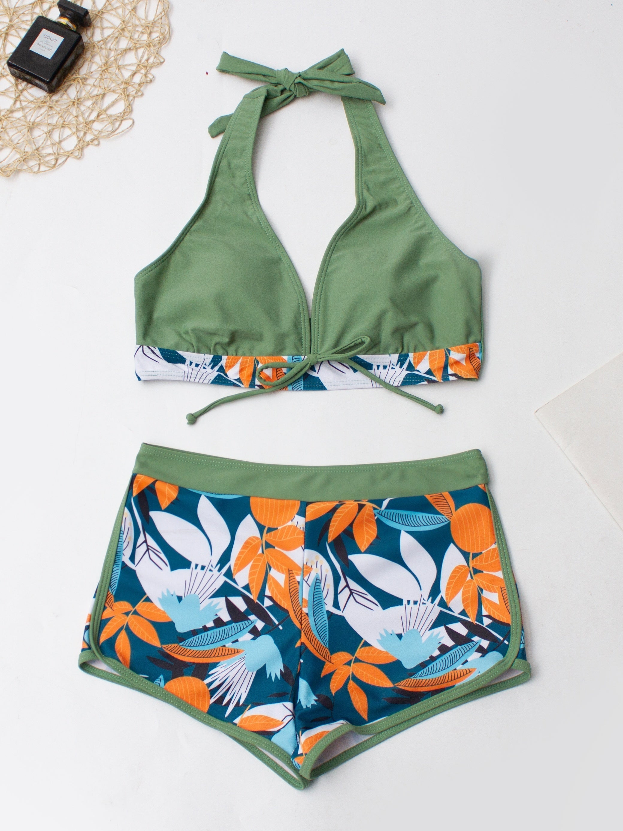 Floral Print Deep V Shape Halter Bikini Boxer Swimsuit