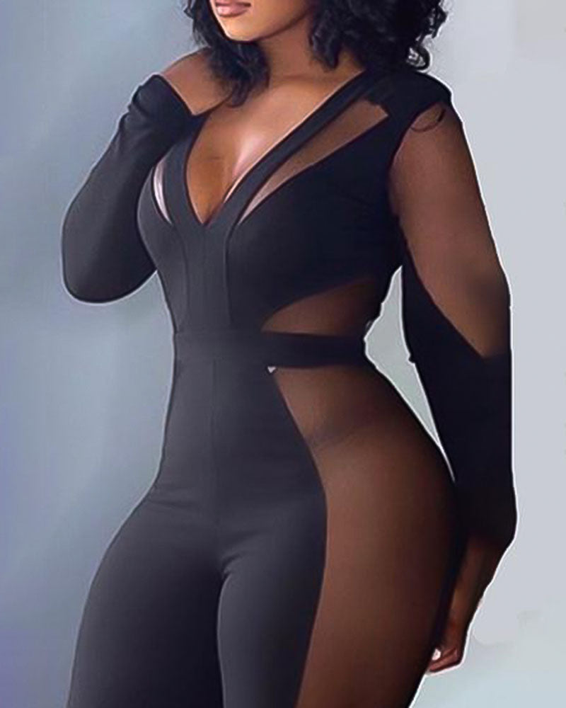 Sheer Mesh Insert Plunging Neck Jumpsuit