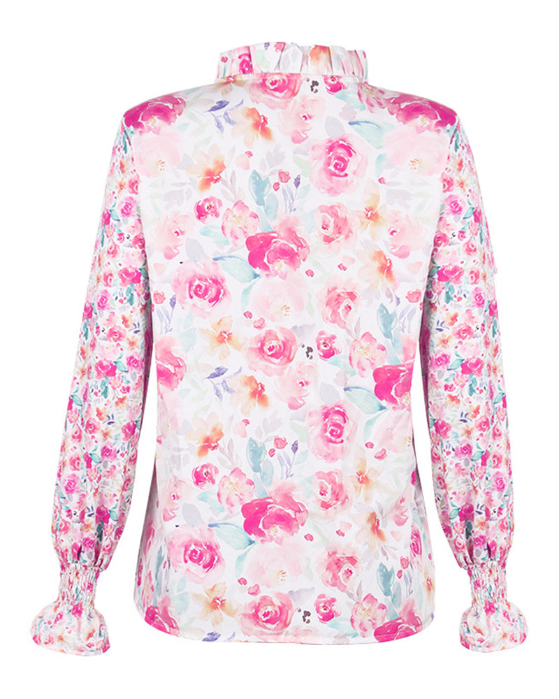 Floral Print Button Front Gathered Sleeve Blouse