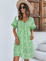 Fashion Women's Dresses Summer V-neck Chiffon Skirt Printed Short-sleeved Dress Yellow Green Black Blue