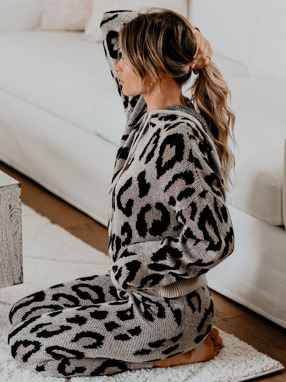 Black Casual Hooded Leopard Two Piece Outfits