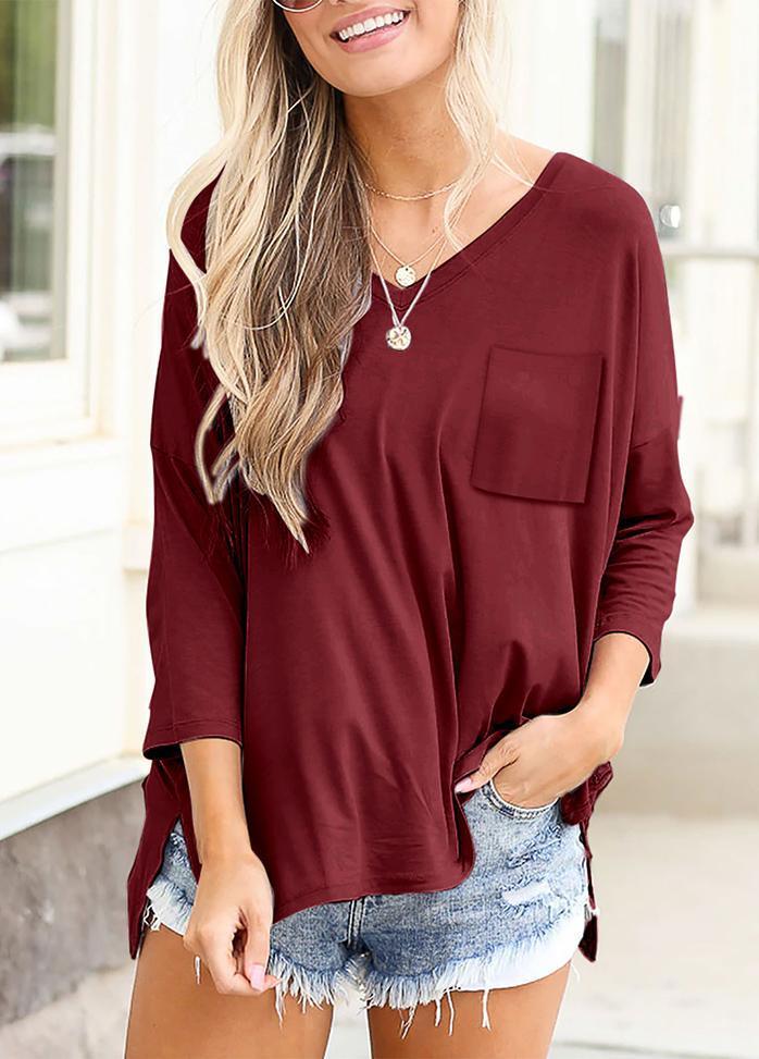 Long Sleeve Solid Color V Neck Top