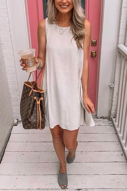 Solid Sleeveless Pockets Mini Dress