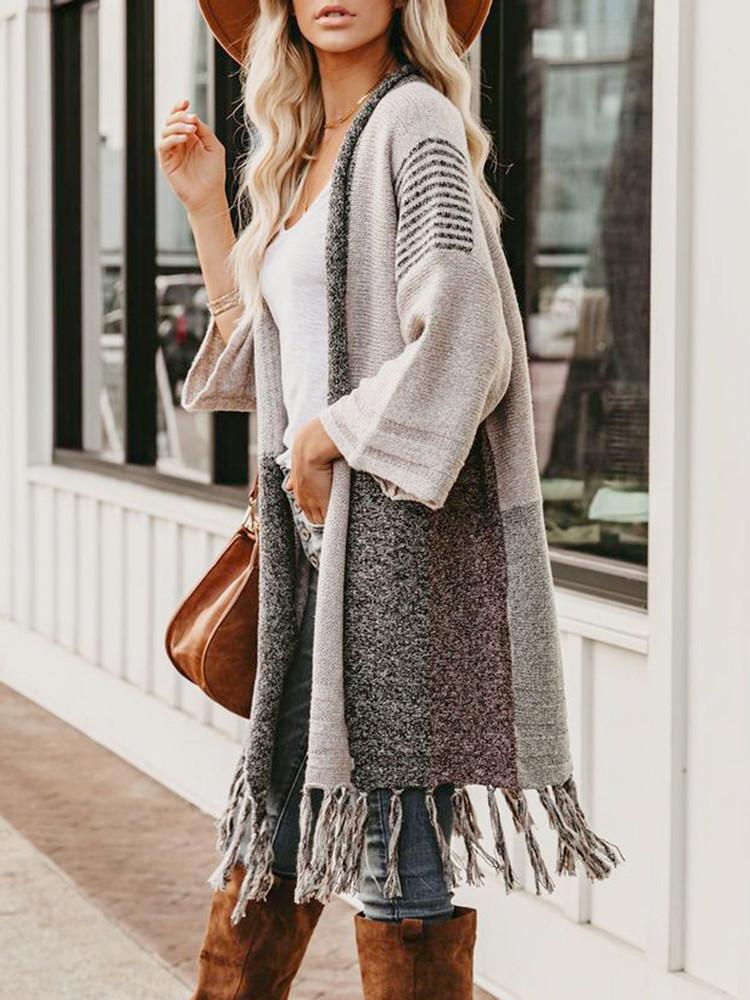 Fringe Color Block Loose Knit Cardigan