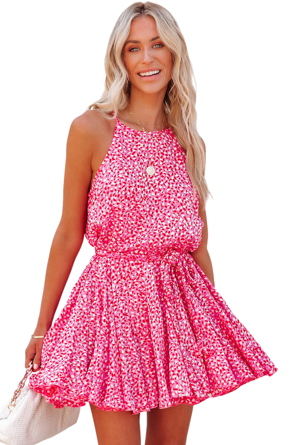 Leopard Print Sleeveless Mini Dress with Waist Tie