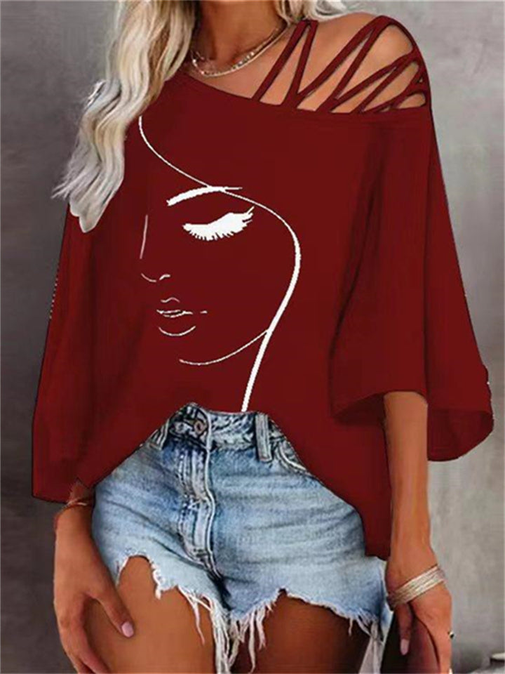 Fashion Stitching Loose Casual Tops Ladies Print T-shirt White Black Red Blue S M L XL 2XL