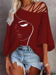 Fashion Stitching Loose Casual Tops Ladies Print T-shirt White Black Red Blue S M L XL 2XL