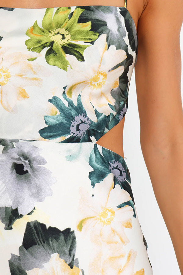 Garden Party Floral Satin Cut Out Back Lace-up Maxi Dress