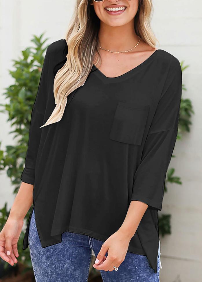 Long Sleeve Solid Color V Neck Top