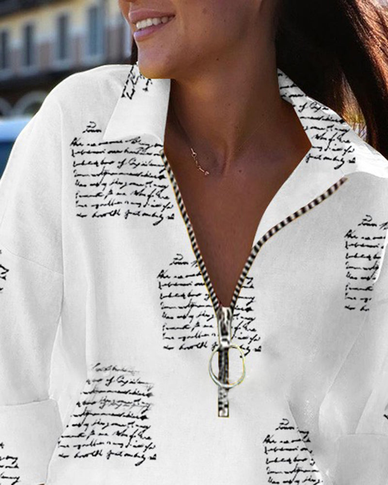 Letter Print Half Zip Top & Shorts Set