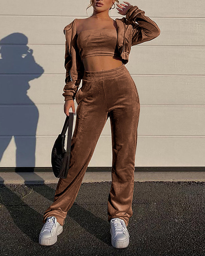 3 Piece Velvet Slant Pocket Tube Top & Pants Set