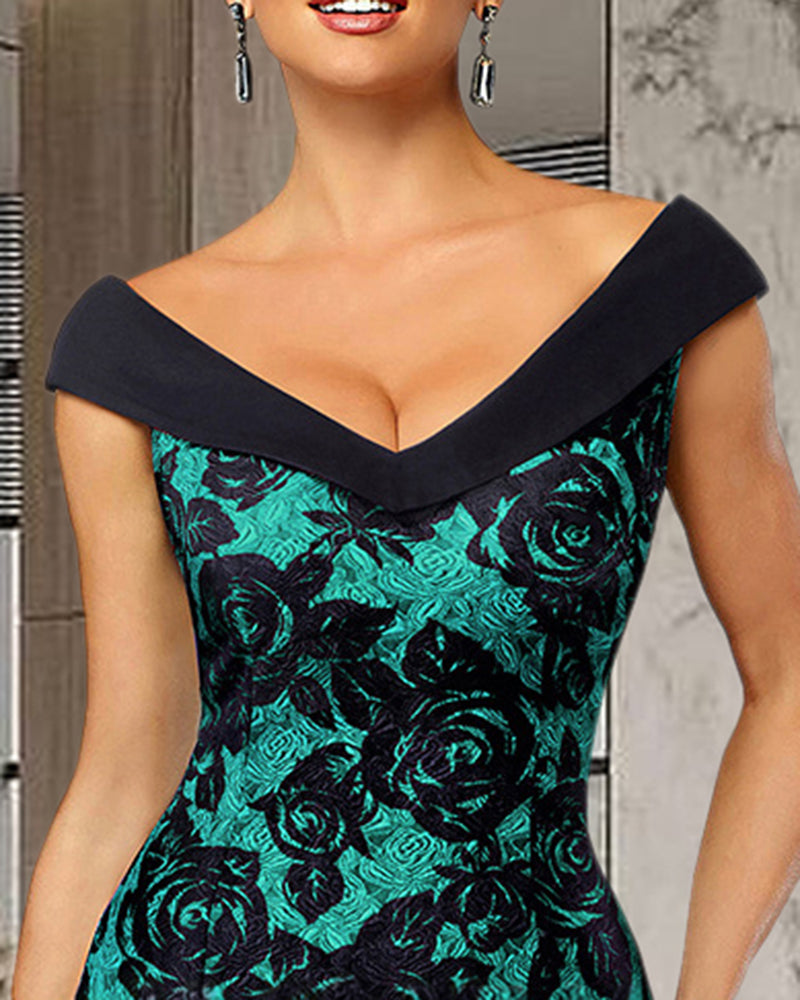 Floral Print Zip Back Foldover V Neck Bodycon Dress