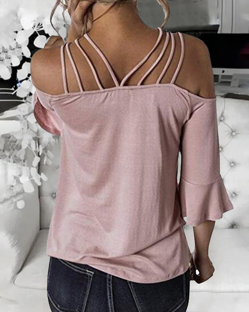Strappy Detail Bell Sleeve Cold Shoulder Blouse