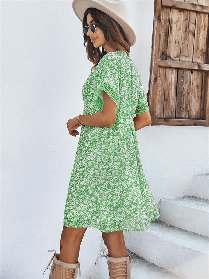 Fashion Women's Dresses Summer V-neck Chiffon Skirt Printed Short-sleeved Dress Yellow Green Black Blue