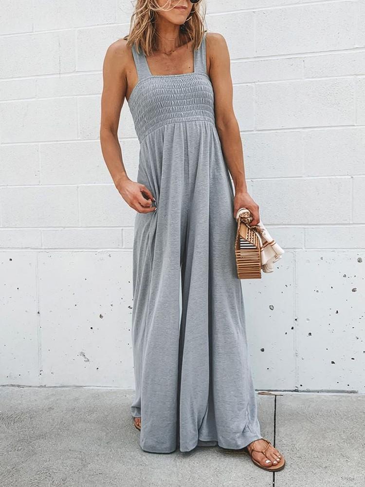 Stretchable Pocket Straps Shirred Wide Leg Jumpsuit