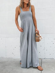 Stretchable Pocket Straps Shirred Wide Leg Jumpsuit