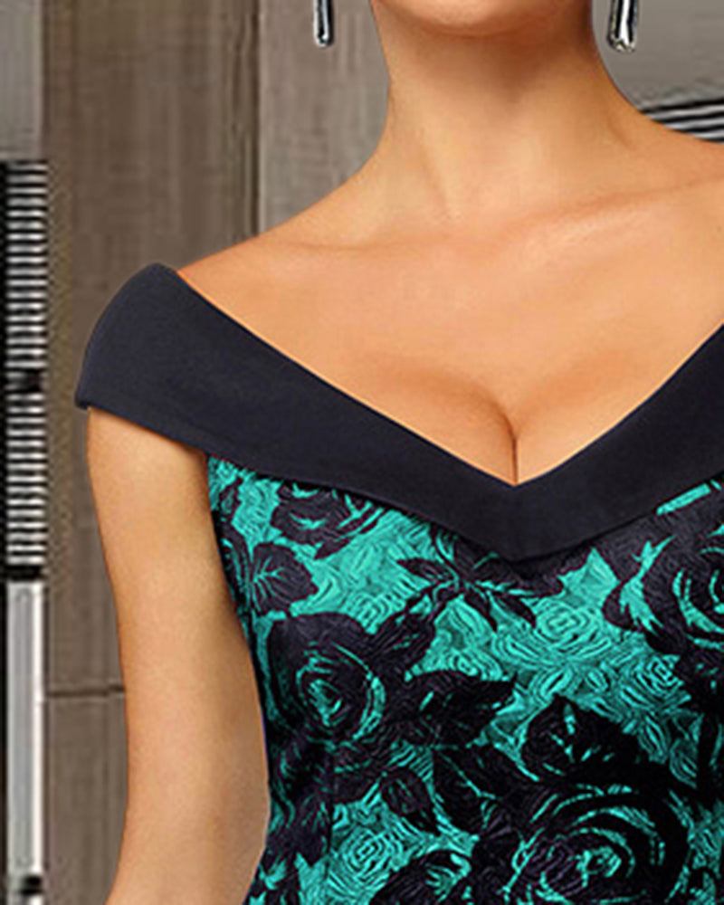 Floral Print Zip Back Foldover V Neck Bodycon Dress