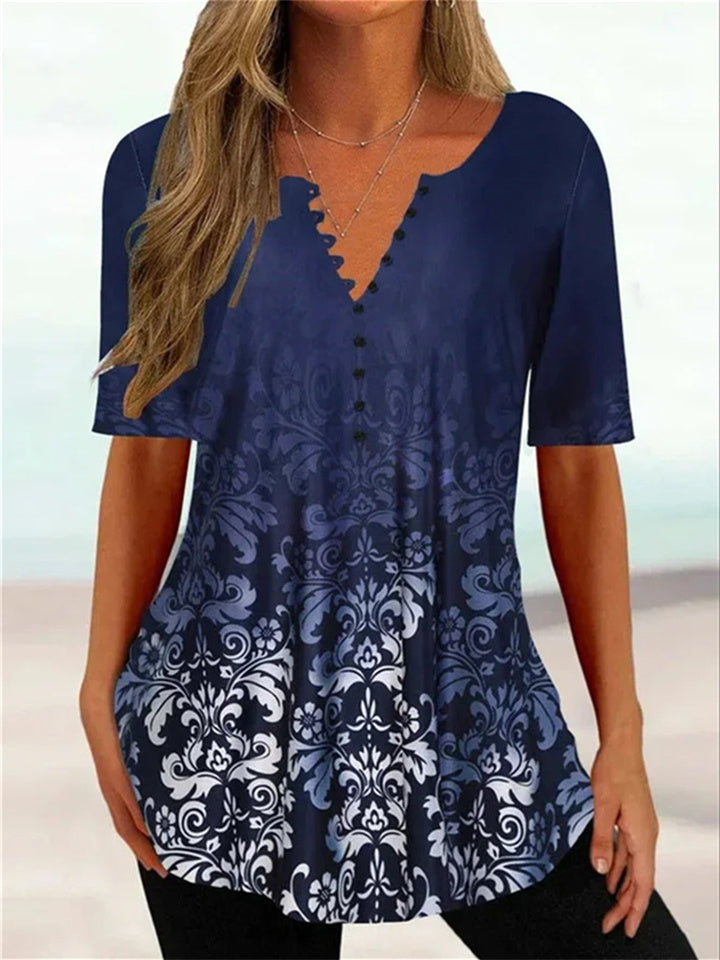 Casual Style Women's Summer Loose V-neck Button Collar Pullover Daily Models Short-sleeved Button Plant Floral Print T-shirt