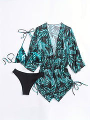 3-piece Leaf Plant Print Triangle Halter Neck Bikini Sets