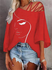 Fashion Stitching Loose Casual Tops Ladies Print T-shirt White Black Red Blue S M L XL 2XL