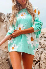 Crewneck Hollow Out Floral Printed Knit Pullovers