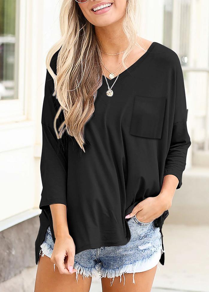 Long Sleeve Solid Color V Neck Top