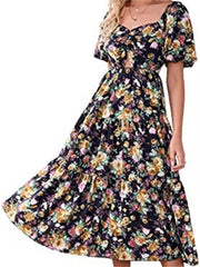 Summer Women's New Square Collar Bubble Short-sleeved Back Pleated Print Casual Wind Medium-length Dress Dress High Waist Puffy Dress