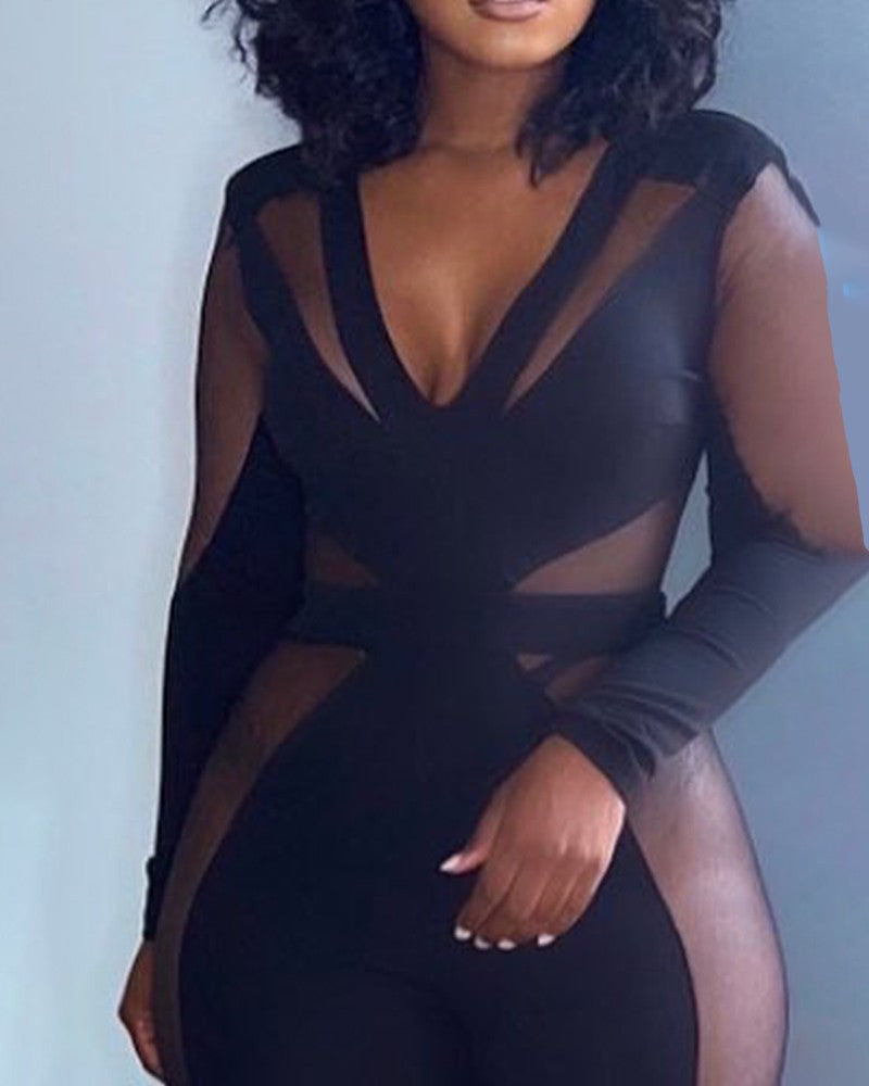 Sheer Mesh Insert Plunging Neck Jumpsuit
