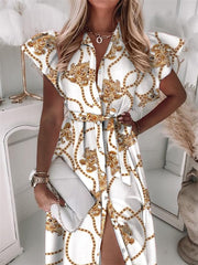 Summer Ruffle Waistband Short Sleeve V-neck Button Print Dress S M L XL 2XL