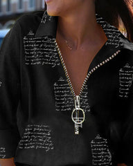 Letter Print Half Zip Top & Shorts Set