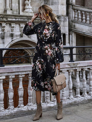Floral Print Split Tie High Neck Square Neck A-Line Midi Dress