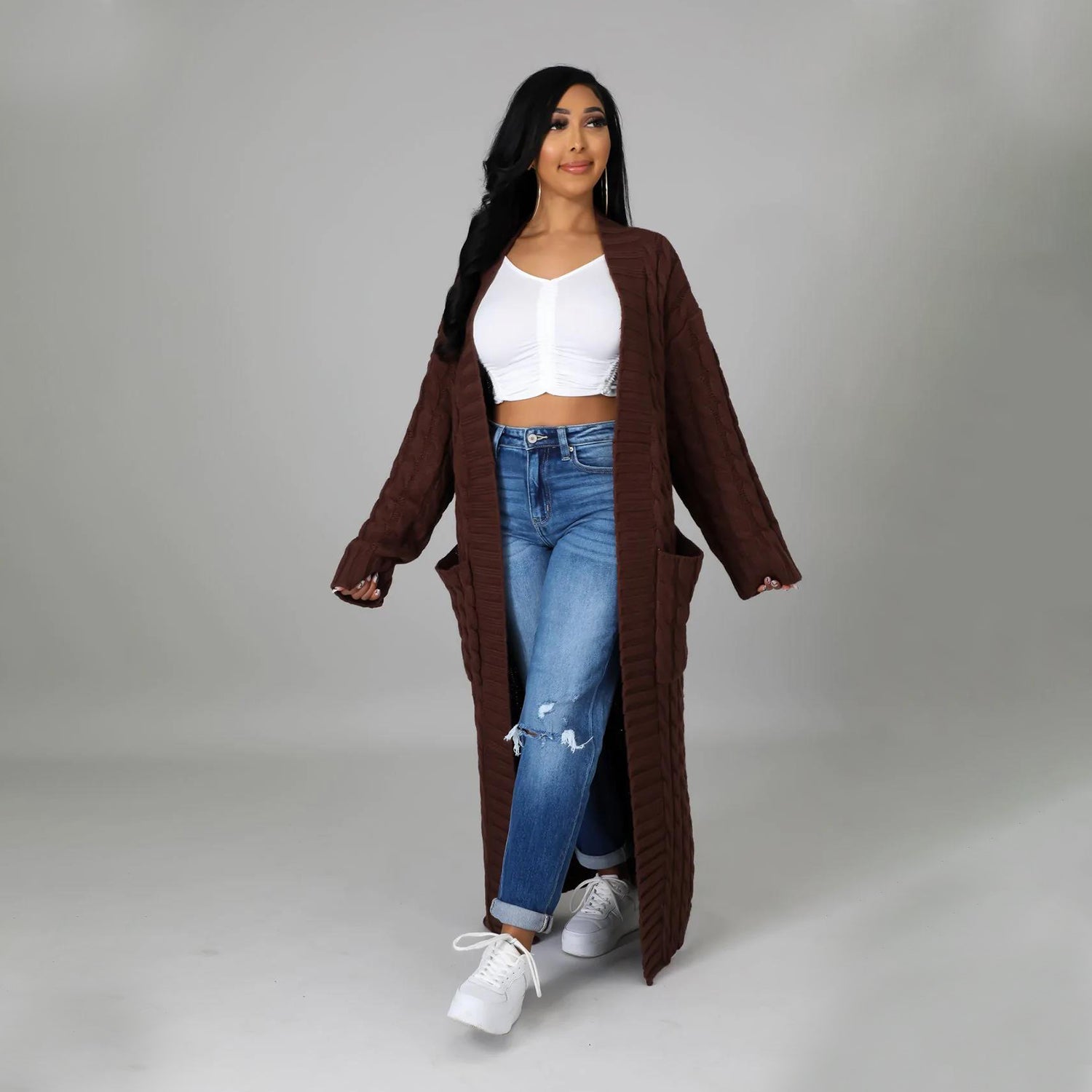 Elegant Solid Long Sleeve Knitted Long Cardigan