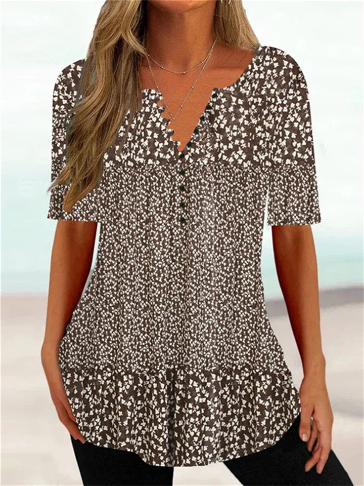 Casual Style Women's Summer Loose V-neck Button Collar Pullover Daily Models Short-sleeved Button Plant Floral Print T-shirt