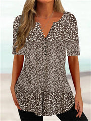 Casual Style Women's Summer Loose V-neck Button Collar Pullover Daily Models Short-sleeved Button Plant Floral Print T-shirt