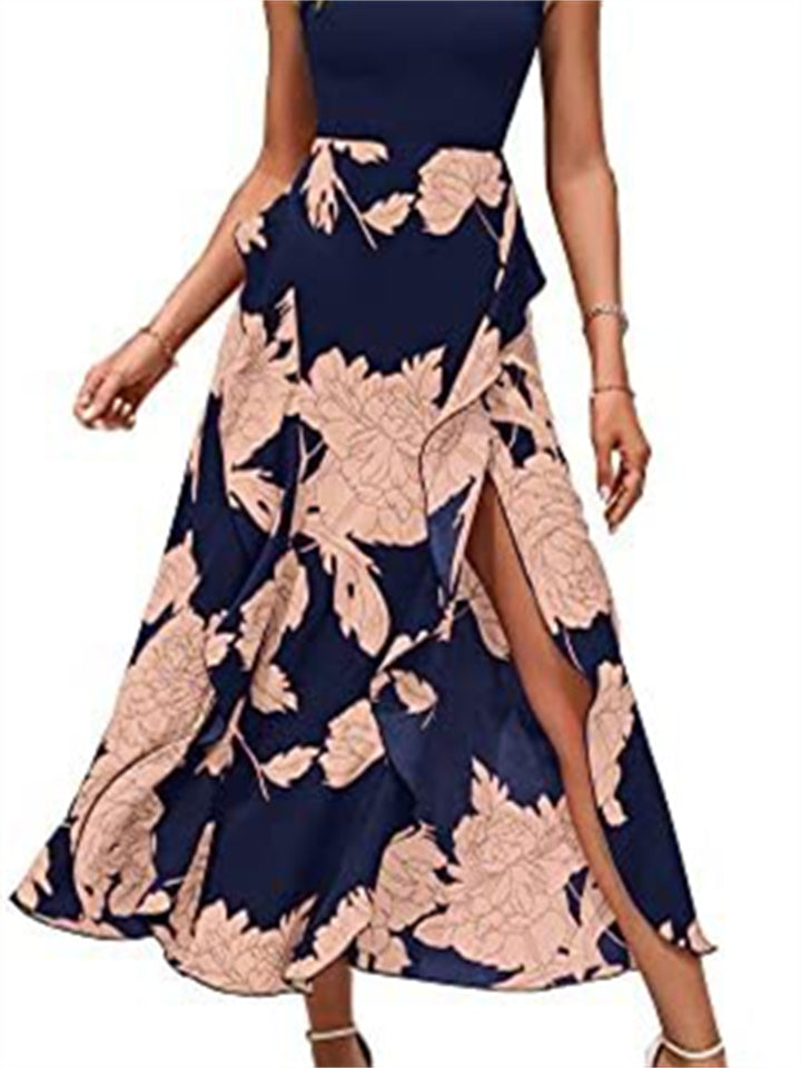 Summer Fashion Casual Style Women's Round Neck Splicing Hem Open Irregular Sleeveless Print Floral High Waist Dress