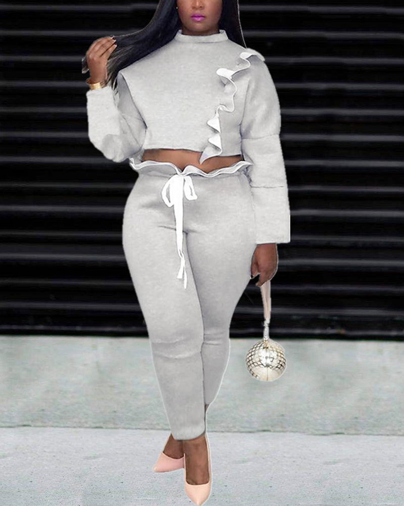 Solid Ruffle Trim Drawstring Crop Top & Pants Set