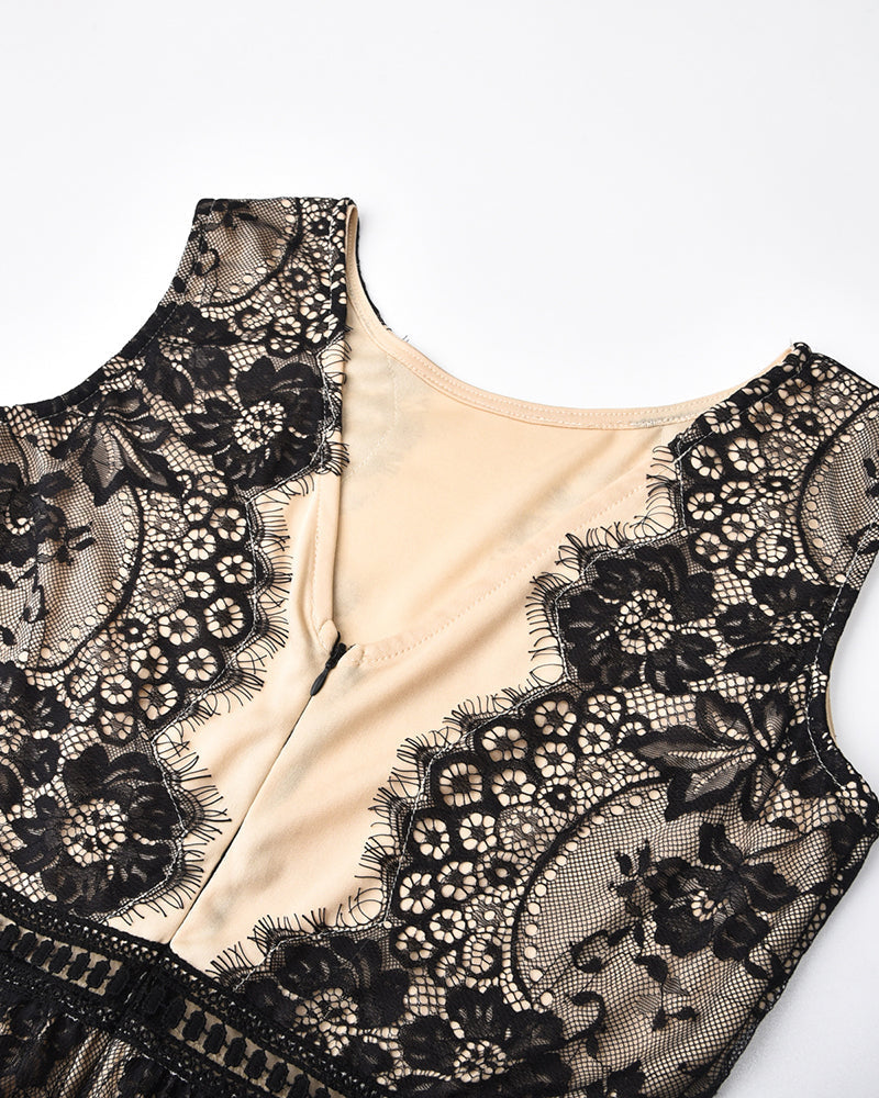 Floral Lace Zip Back Overlay A-line Dress