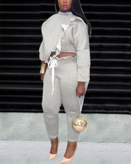 Solid Ruffle Trim Drawstring Crop Top & Pants Set