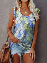 Summer New Temperament Commuter T-shirt Undershirt Female Fashion Print Round Neck Pocket Sleeveless Tops Female Elegant Style