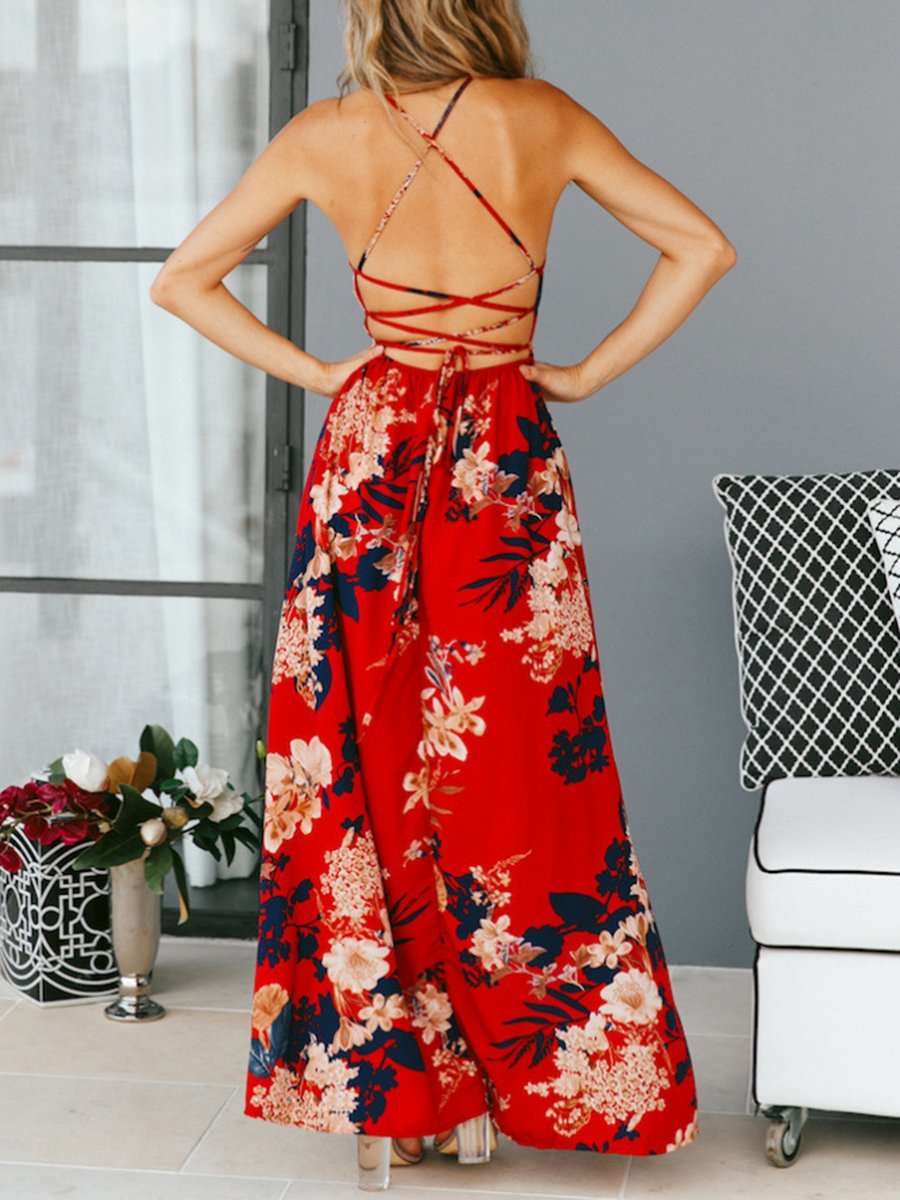 Strap Backless Side Slit Floral Maxi Dress