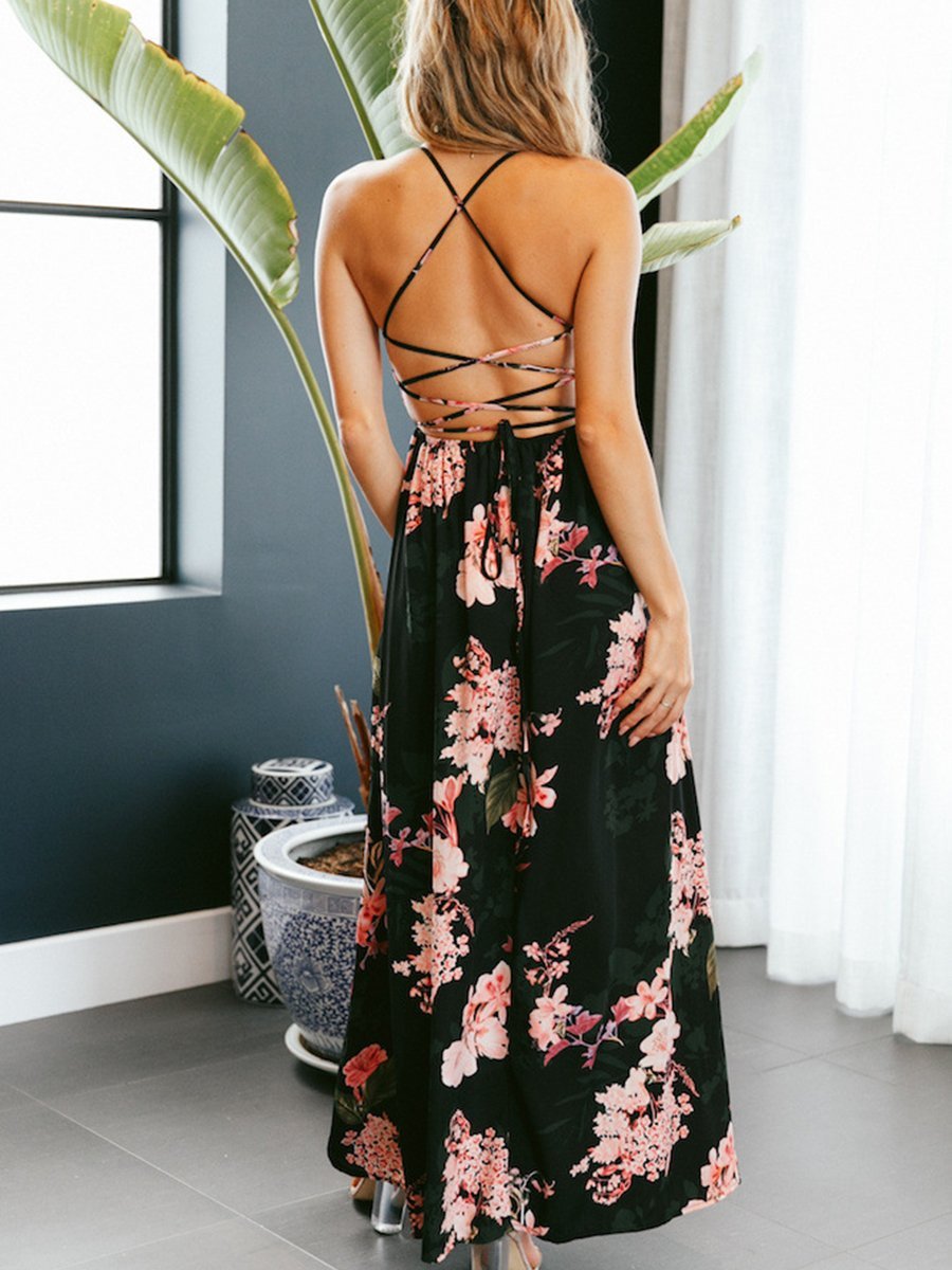 Strap Backless Side Slit Floral Maxi Dress
