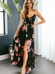 Strap Backless Side Slit Floral Maxi Dress