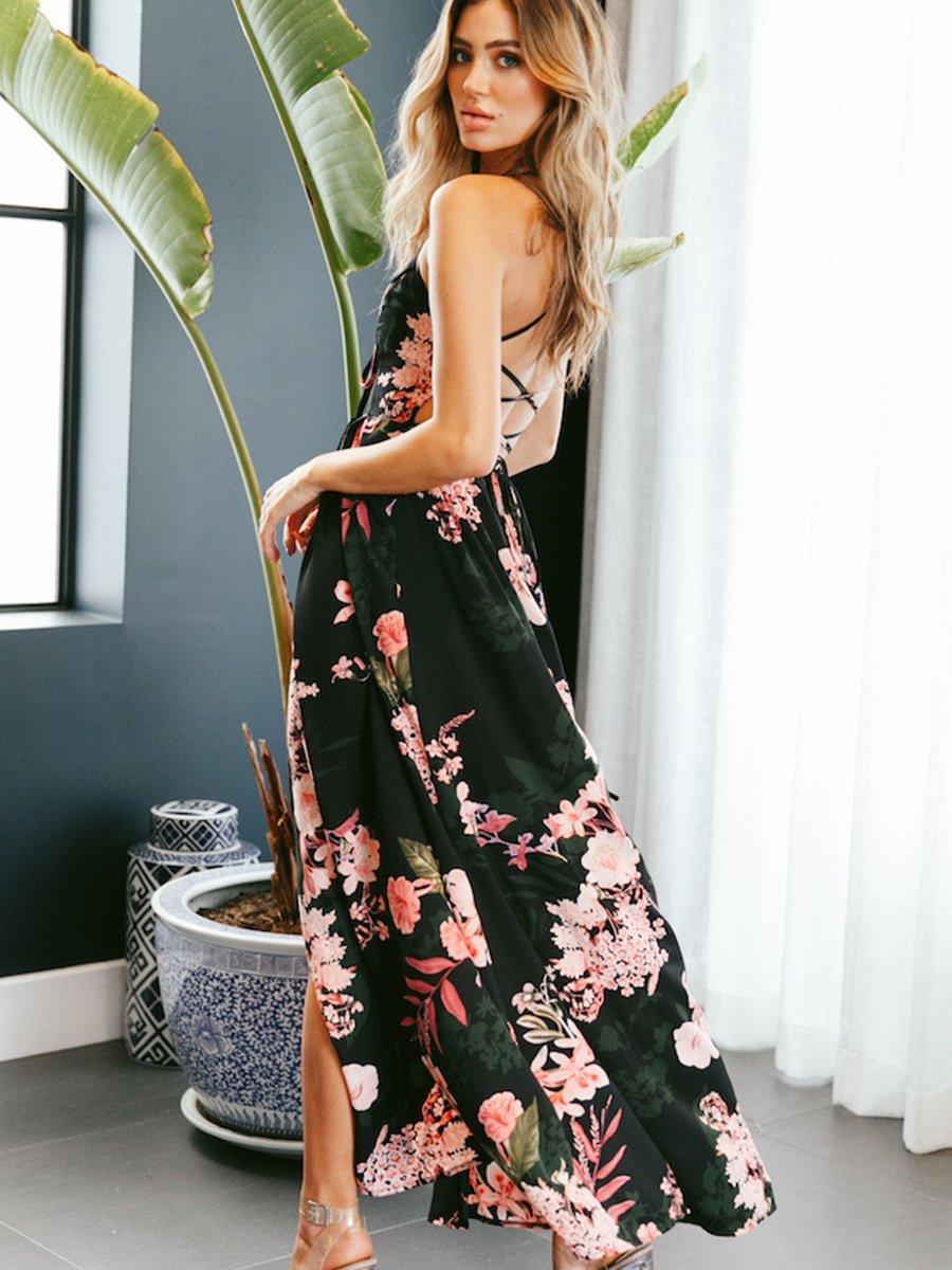 Strap Backless Side Slit Floral Maxi Dress