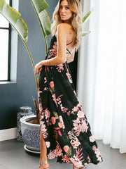 Strap Backless Side Slit Floral Maxi Dress