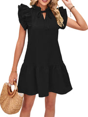 Temperament Elegant Women's New V-neck Lacing Ruffle Sleeve Pleated Princess Dress Pure Color Stretch Wrinkle Fabric Mid-length Dress Dress