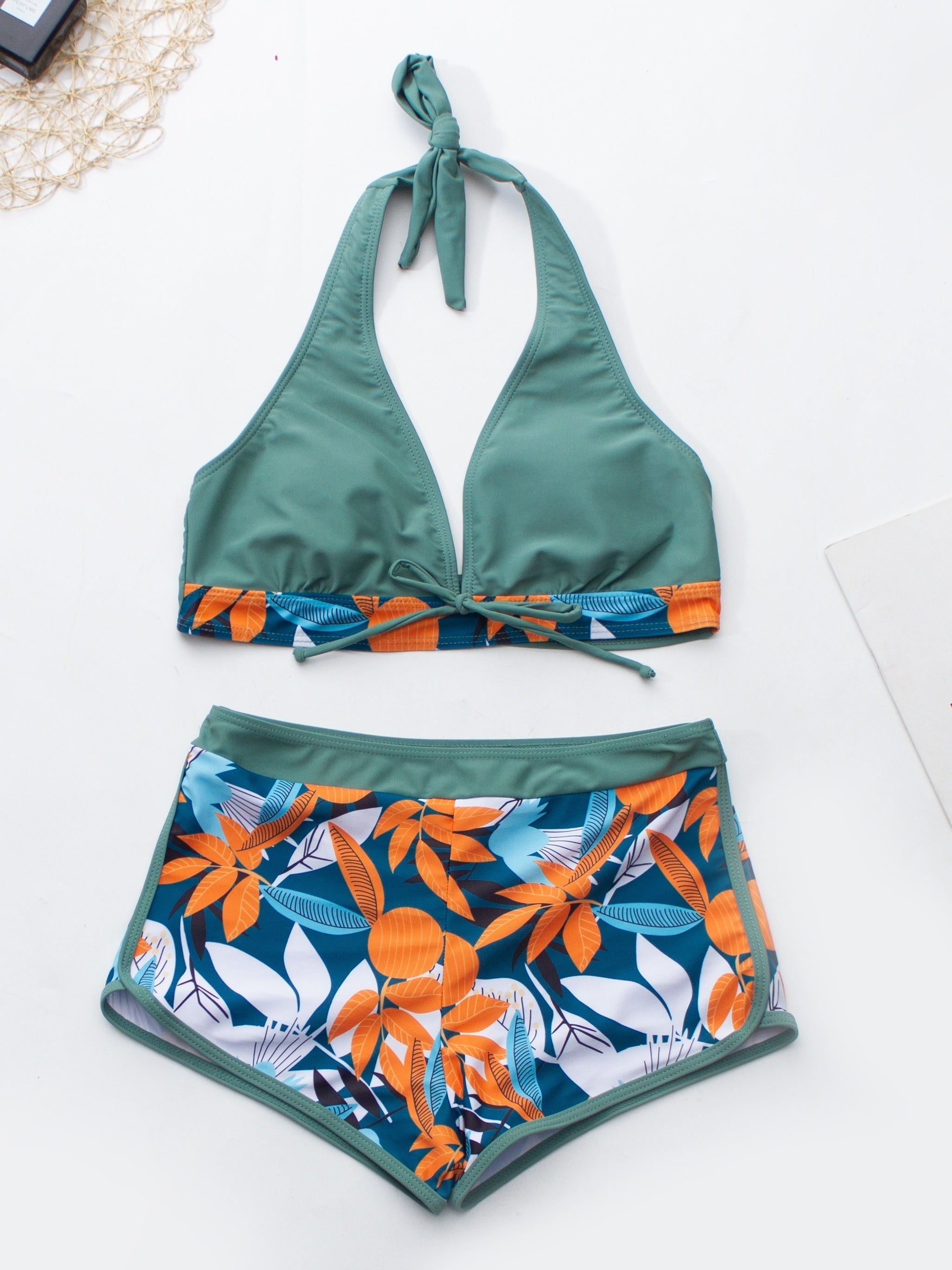 Floral Print Deep V Shape Halter Bikini Boxer Swimsuit