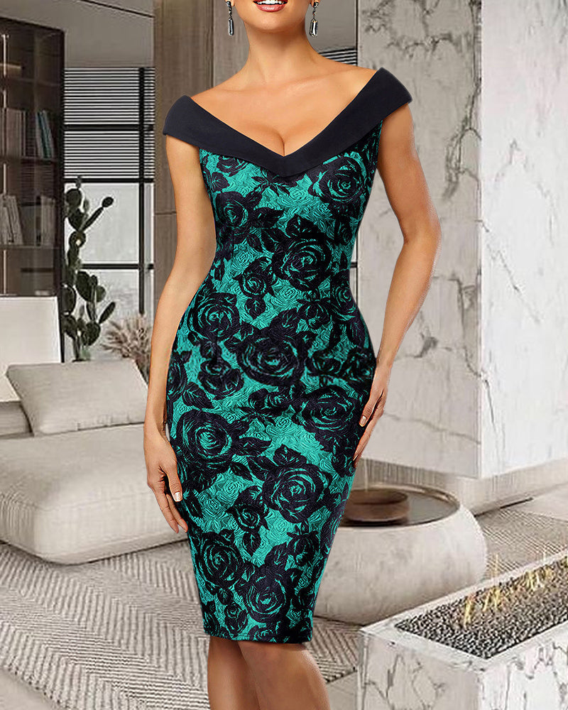 Floral Print Zip Back Foldover V Neck Bodycon Dress