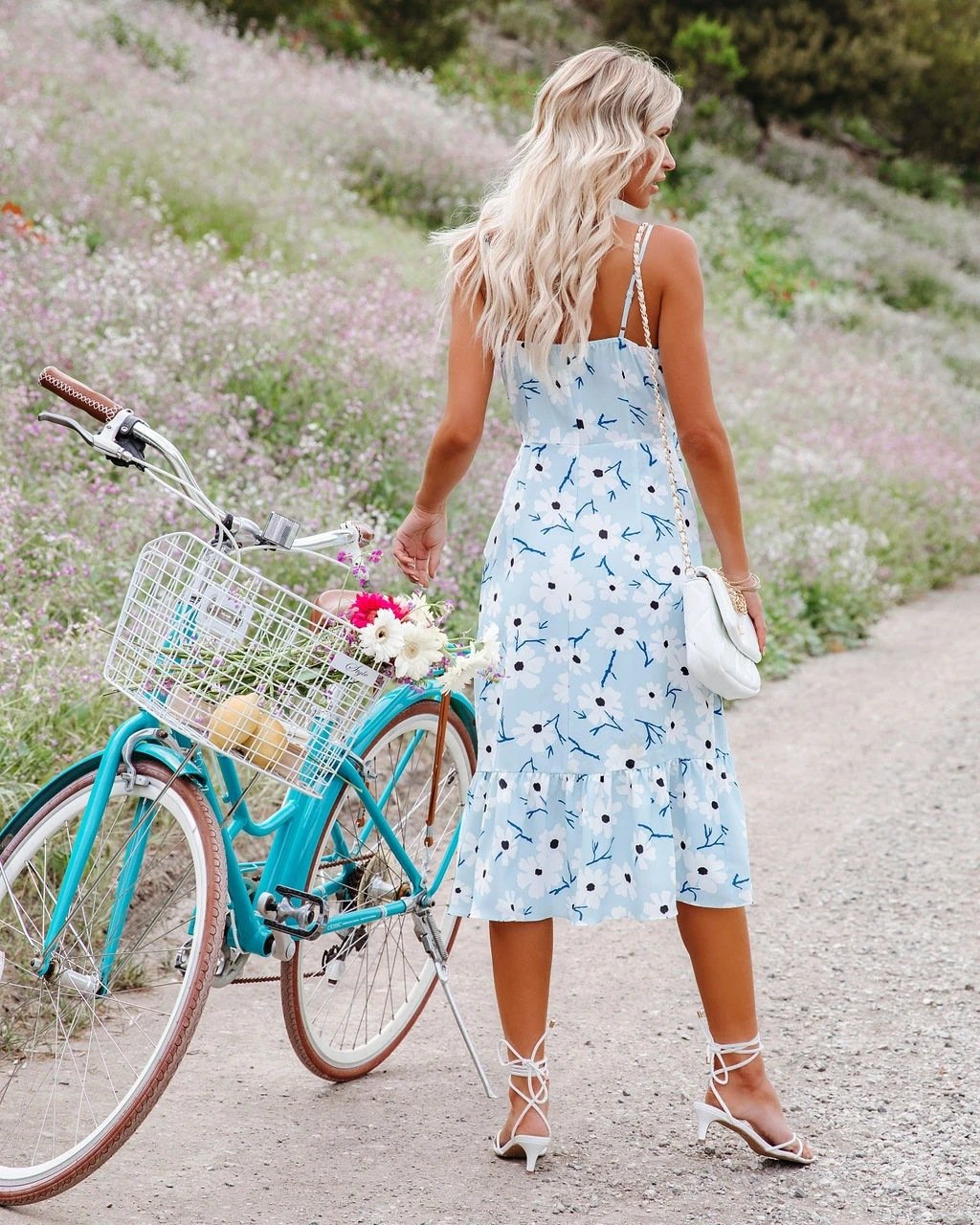 Spaghetti Strap V Neck Tie Waist Floral Dress